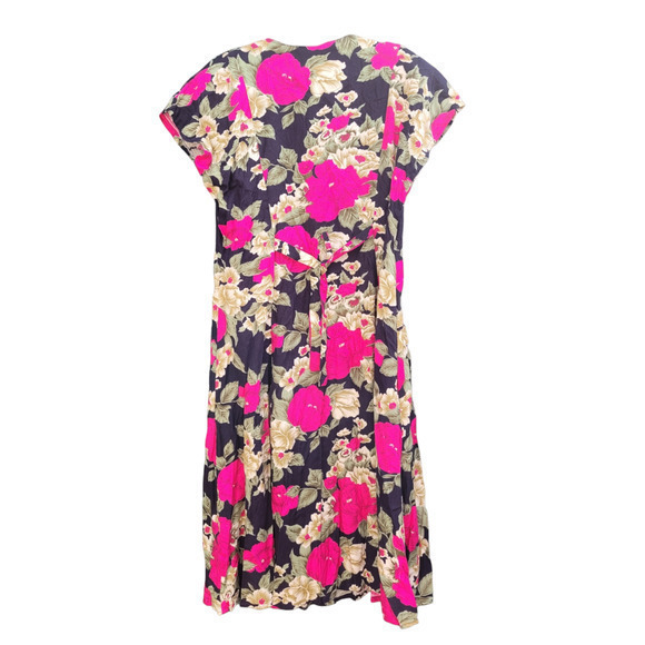 Vintage Black‎ Pink Floral Flutter Short Sleeve Scoop Neck Fit Flare Midi Dress - Picture 3 of 8